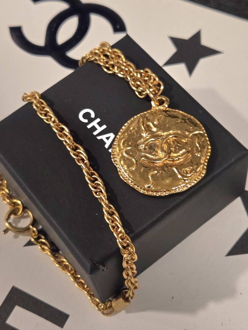 #176 Chanel Logo Coco Mark Vintage Necklace Gold Plated - Vintage